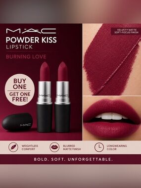 MAC Powder Kiss Lipstick 💄 Burning Love ❤️ Brand New in Buy 1 get 1 FREE!!